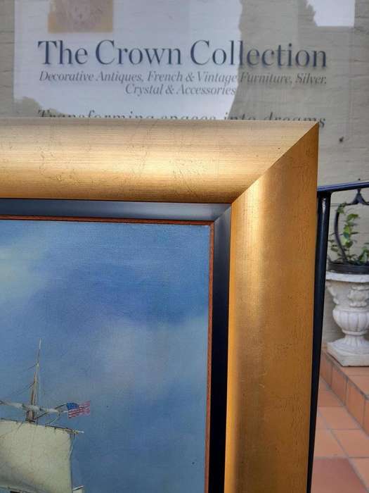 A 20TH Century French Oil On Canvas Ships In Sea Signed In Gold Frame