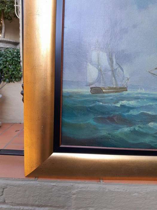 A 20TH Century French Oil On Canvas Ships In Sea Signed In Gold Frame