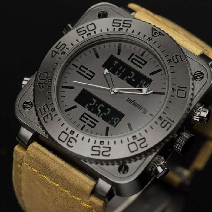 INFANTRY MILITARY CO. Men`s Tank ACU 47mm BIG Dual Time Watch BLACK / BROWN NEW