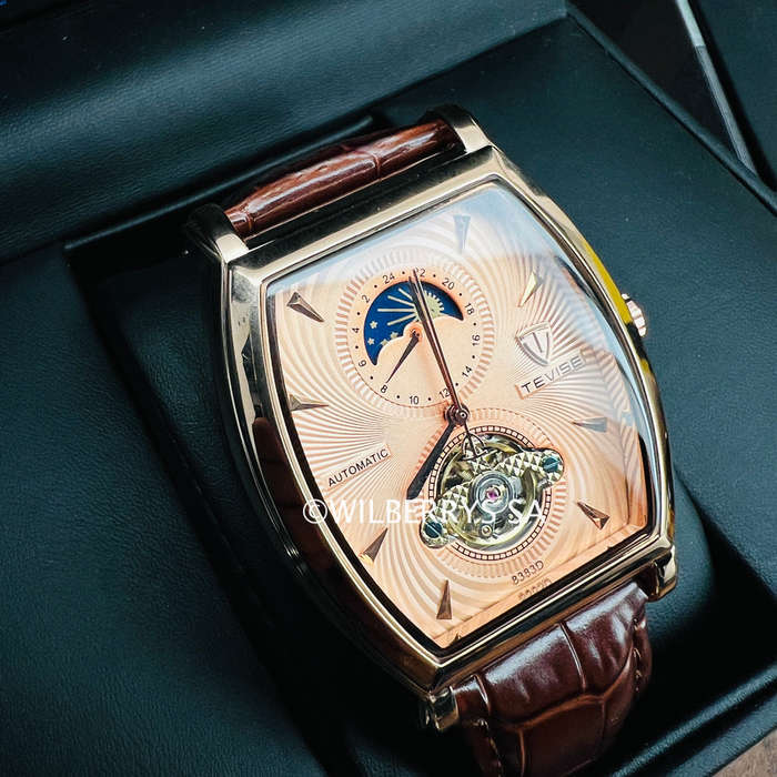 Retail: R2,899.00 TEVISE ® Men`s Tonneux Barista Moonphase Automatic  Leather Watch BRAND NEW