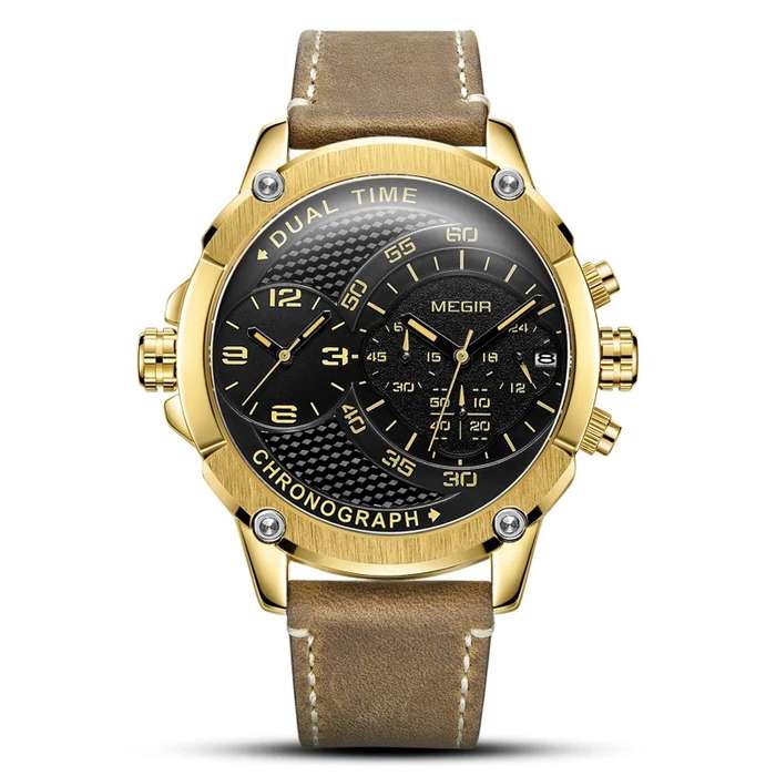 Retail: R1,699.00 MEGIR Men`s Giant Chronograph Dual Time 48mm Gold / Brown Leather Watch BRAND NEW