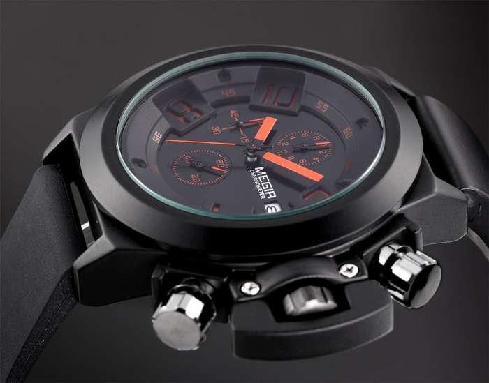 Retail: R1,699.00 MEGIR Men Submarine Chronograph Date 50mm Silicone Strap Watch Black/ Red NEW