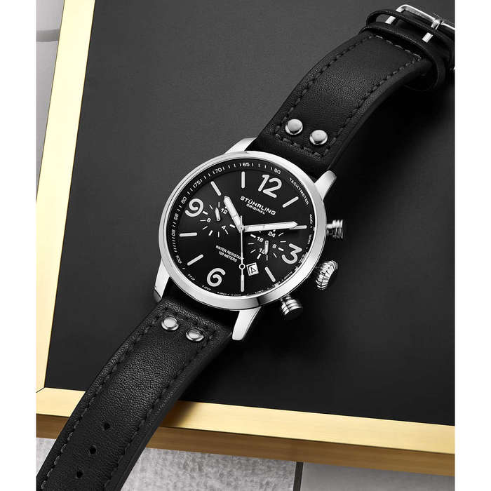 **look** R6,000.00 Stuhrling Original Mens Kamakaze 45mm Aviator Luminous Black Chrono Watch
