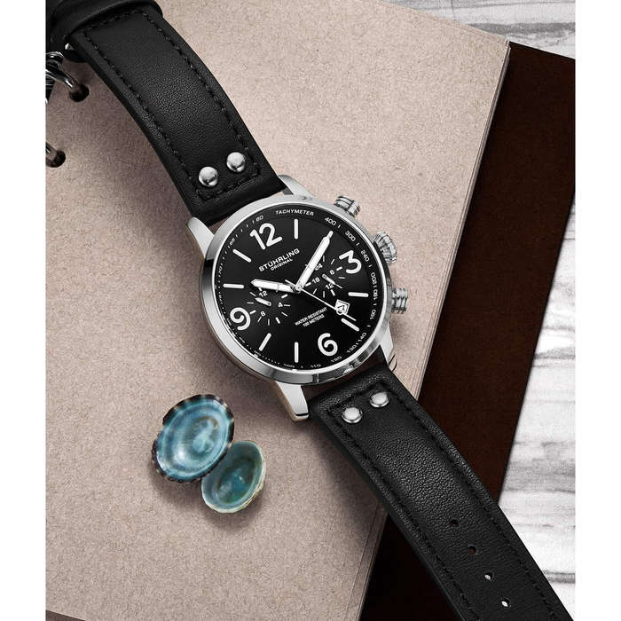 **look** R6,000.00 Stuhrling Original Mens Kamakaze 45mm Aviator Luminous Black Chrono Watch