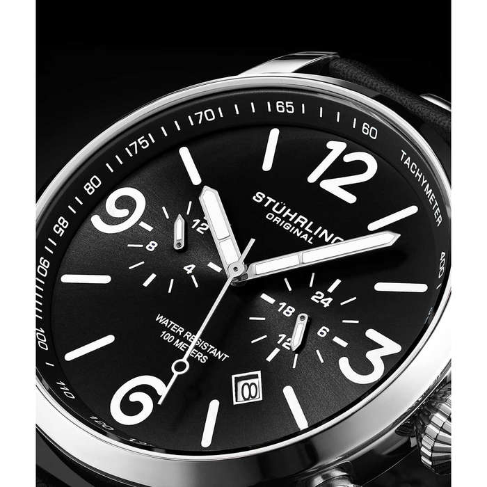 **look** R6,000.00 Stuhrling Original Mens Kamakaze 45mm Aviator Luminous Black Chrono Watch