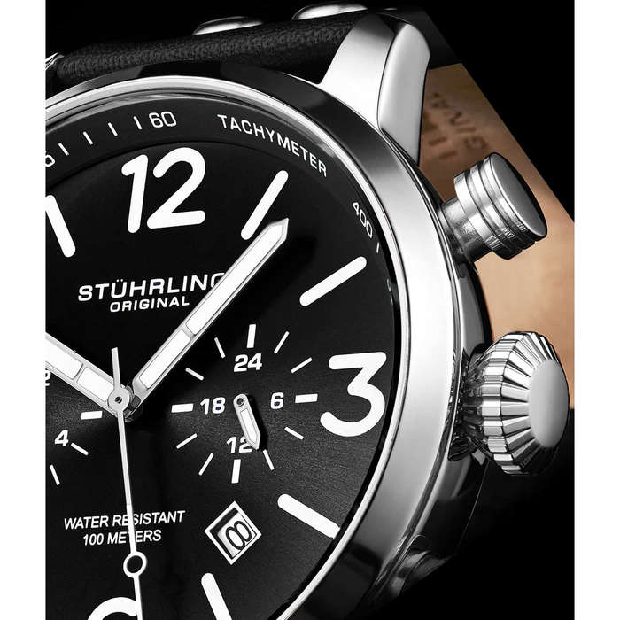 **look** R6,000.00 Stuhrling Original Mens Kamakaze 45mm Aviator Luminous Black Chrono Watch