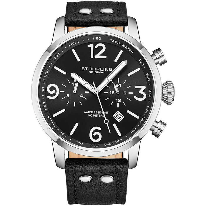 **look** R6,000.00 Stuhrling Original Mens Kamakaze 45mm Aviator Luminous Black Chrono Watch