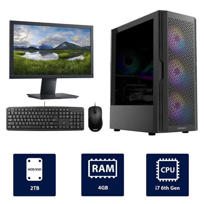 i7 6th Gen, 4GB RAM, 2TB SSD, with 19 Monitor, Antec AX20 RGB Full Desktop PC