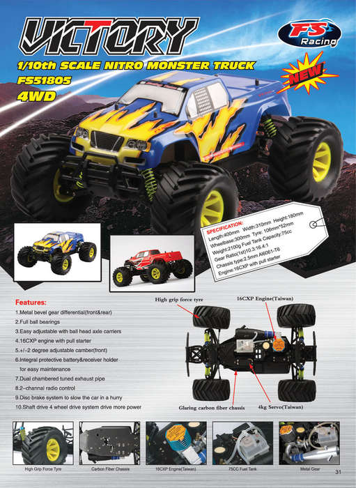 FS-Racing 1/10 Nitro Electric Monster Truck (FS-51805) + Free TM Starter Kit (As is no warranty) - F