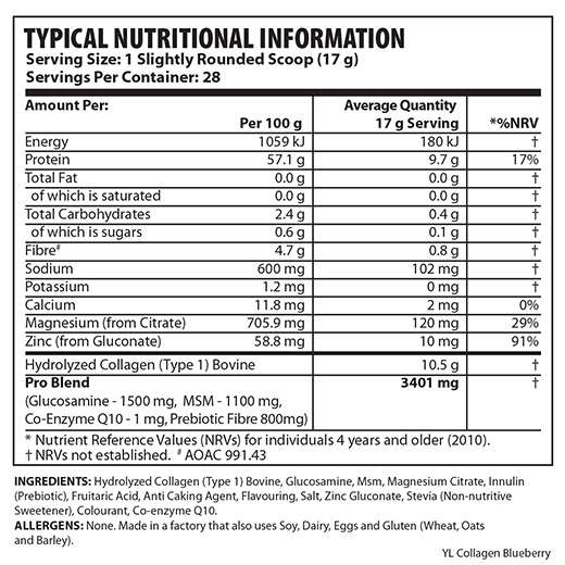 Youthful Living Collagen Pro Drink 476g - Nutritional Information