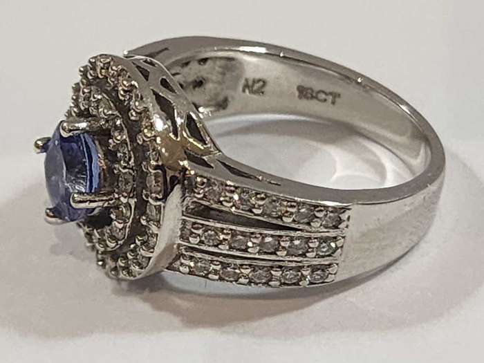 18K White Gold, Diamond & Tanzanite Ring, 8.3 Grams, Ring Size M, Refurbished, 58 Diamonds