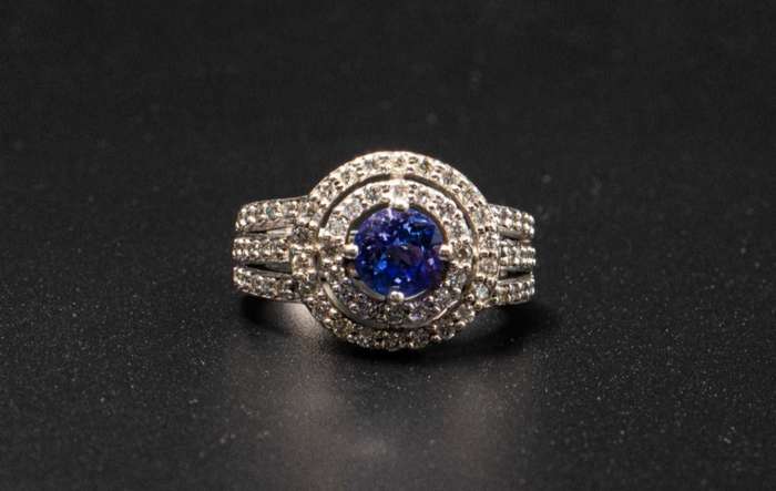 18K White Gold, Diamond & Tanzanite Ring, 8.3 Grams, Ring Size M, Refurbished, 58 Diamonds