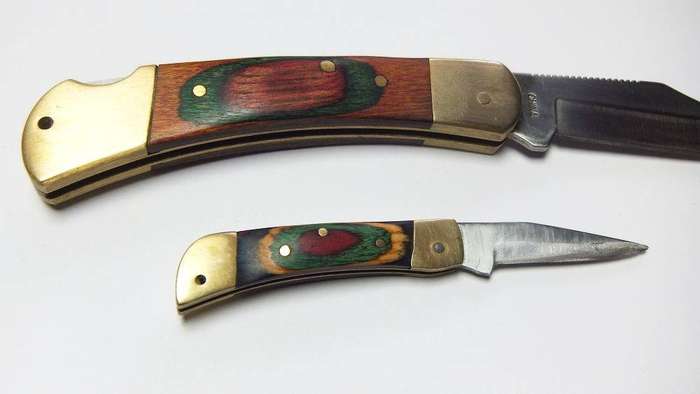 Two vintage heavy quality brass and wood lock blade folding pocket knives