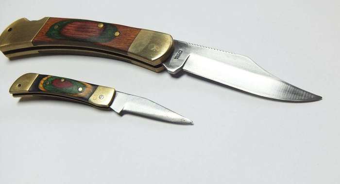 Two vintage heavy quality brass and wood lock blade folding pocket knives