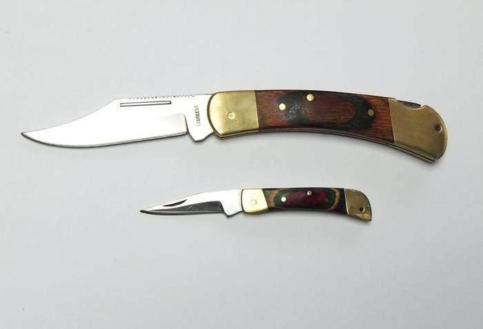 Two vintage heavy quality brass and wood lock blade folding pocket knives