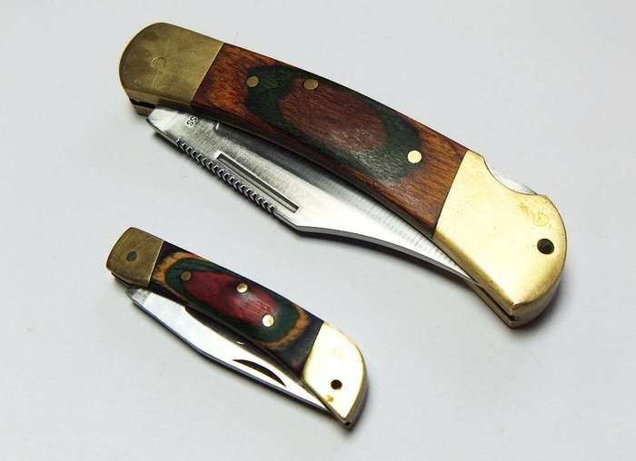Two vintage heavy quality brass and wood lock blade folding pocket knives