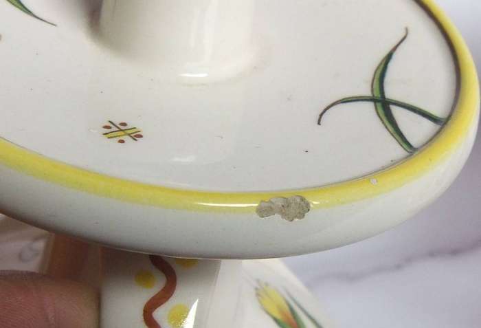 A rare pair of beautiful hand painted Art Nouveau styled Schoonhoven Holland candle holders
