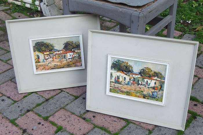 TWO VINTAGE ORIGINAL OIL ON BOARD PAINTINGS BY J STEYN DATED 1979 -RURAL VILLAGE- FOR THE PAIR