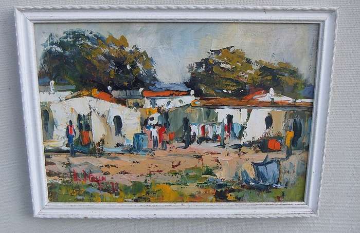 TWO VINTAGE ORIGINAL OIL ON BOARD PAINTINGS BY J STEYN DATED 1979 -RURAL VILLAGE- FOR THE PAIR