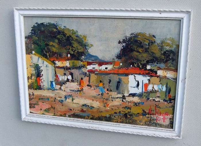 TWO VINTAGE ORIGINAL OIL ON BOARD PAINTINGS BY J STEYN DATED 1979 -RURAL VILLAGE- FOR THE PAIR