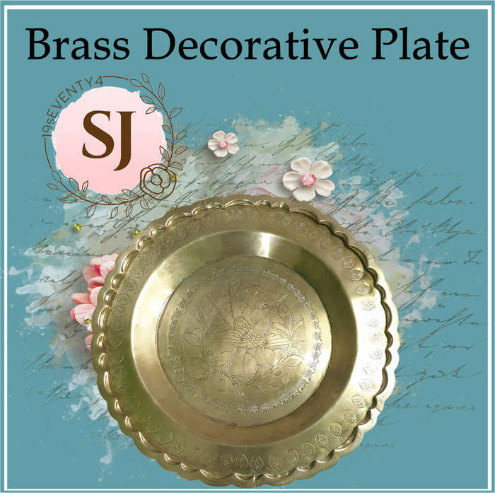 Vintage Brass Decorative Plate with Etched Floral Design  Scalloped Edge
