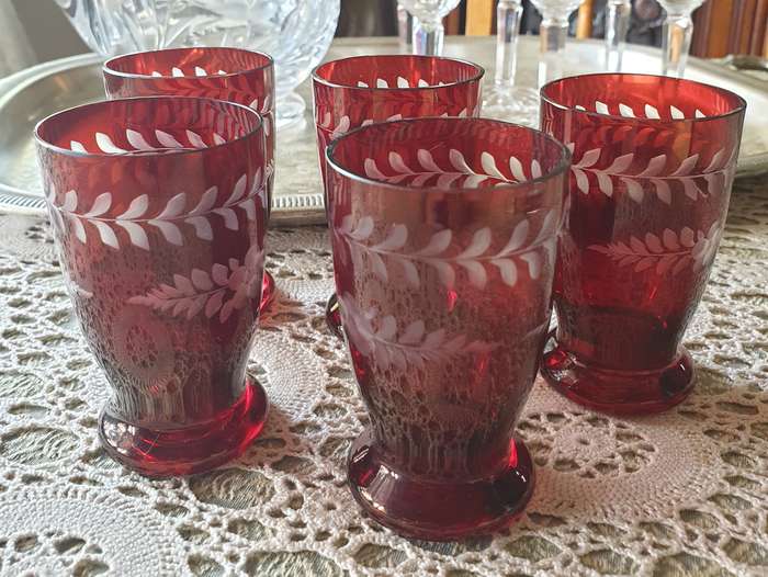 Set Of 5 Bohemian Glass Ruby Red Glasses