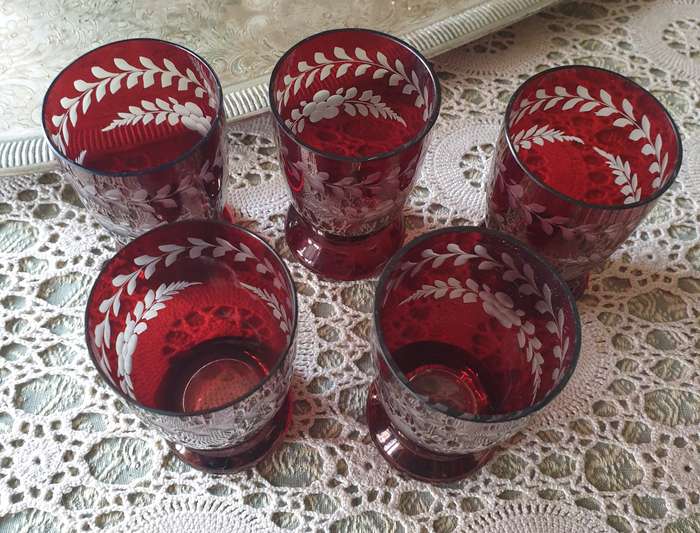 Set Of 5 Bohemian Glass Ruby Red Glasses