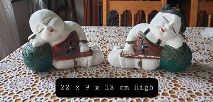 ORIENTAL boy and girl wood carving art sculpture