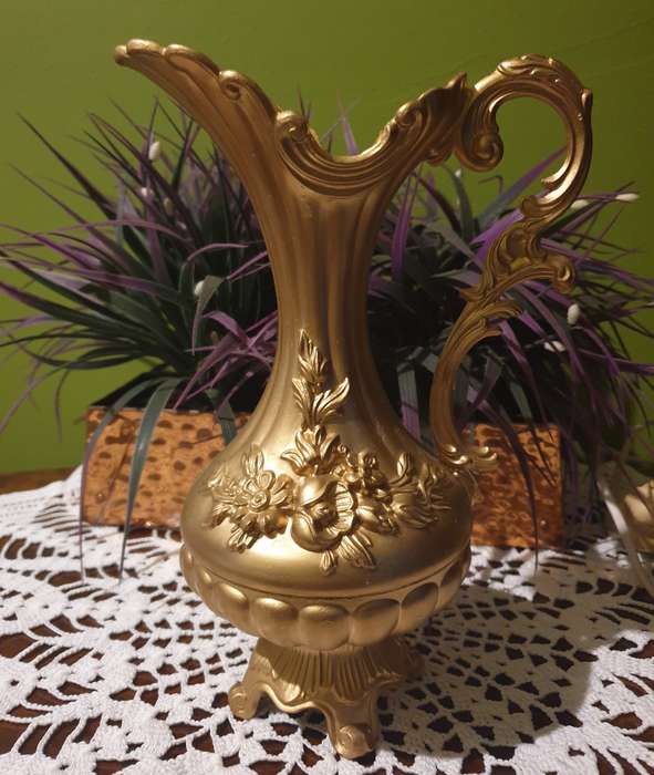 Italy Ornate metal  Vase Floral Pitcher | Footed Raised Flowers Vessel | 02