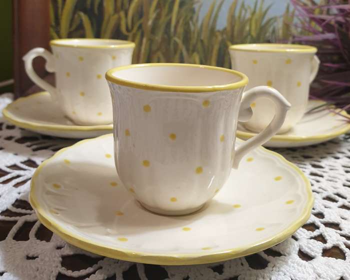 3 French Cups and Saucers for your Collection | Polka Dot | Yellow |