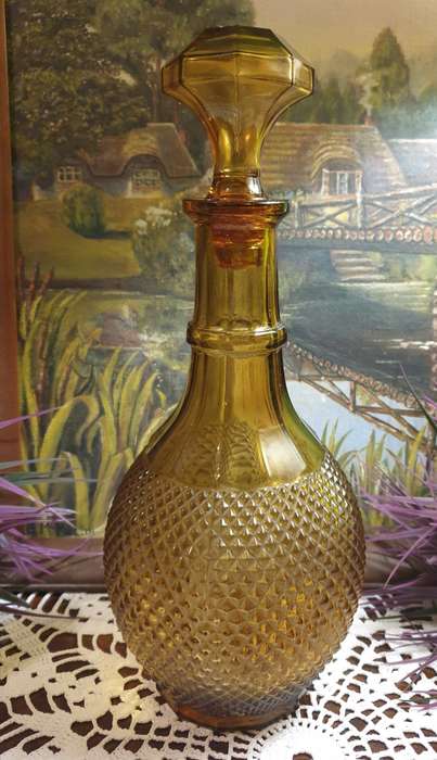 Vintage Italian Decanter Genie Bottle Amber Diamond Design