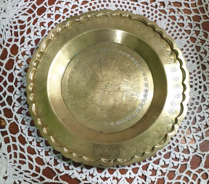 Vintage Brass Decorative Plate with Etched Floral Design  Scalloped Edge