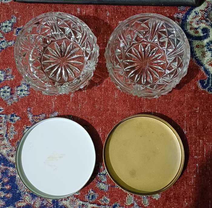 Vintage  glass powder bowls with brass lids |  dressing table accessories | trinket bowls |