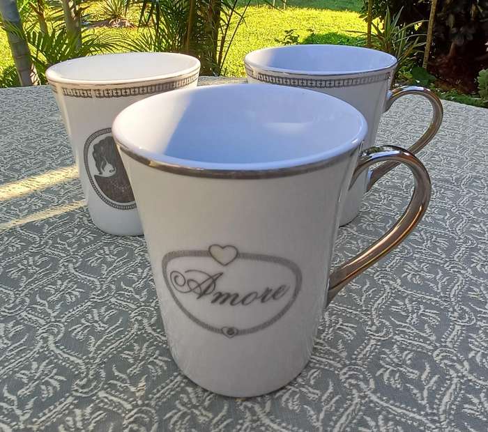 Set of 3 Coffee Cups  @Home White with Silver Trim