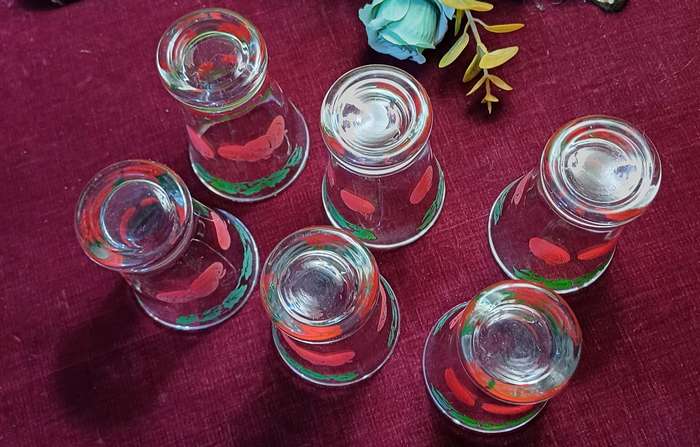 1950s Mid-Century Juice Glasses  Tomato & Vine Design  Set of 6