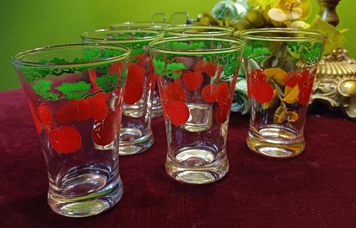 1950s Mid-Century Juice Glasses  Tomato & Vine Design  Set of 6