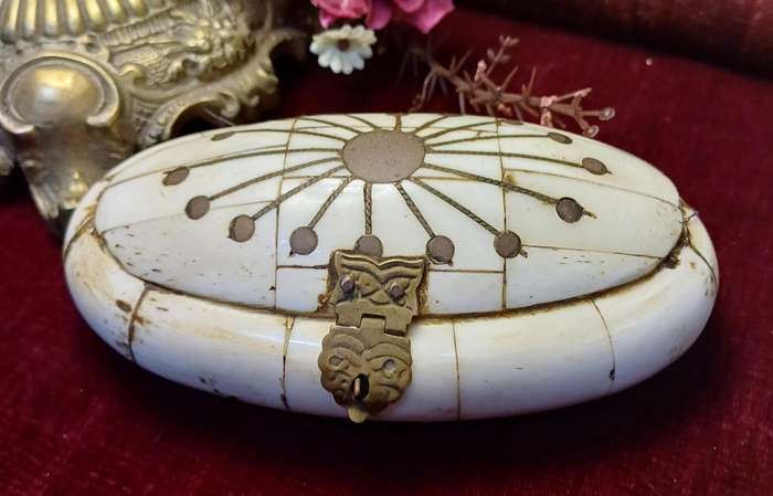 Vintage Hand-made  Ethnic Camel/Ox Bone and Brass Trinket Box/Lined in velvet