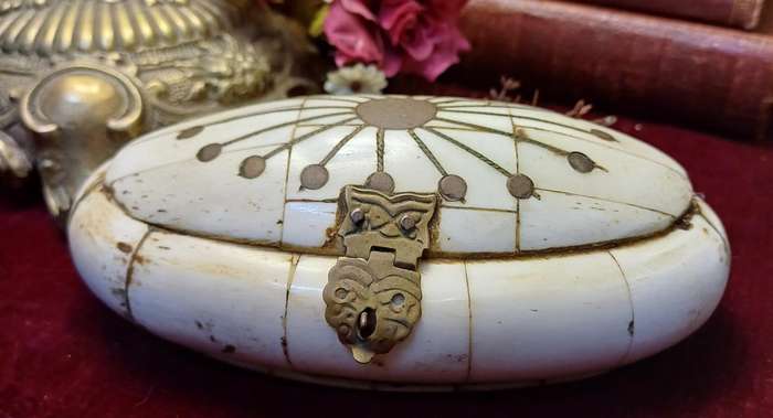 Vintage Hand-made  Ethnic Camel/Ox Bone and Brass Trinket Box/Lined in velvet
