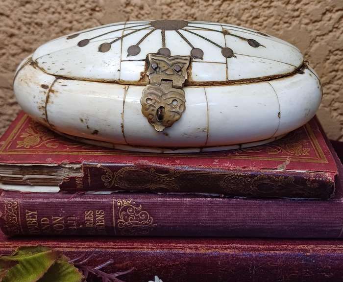 Vintage Hand-made  Ethnic Camel/Ox Bone and Brass Trinket Box/Lined in velvet