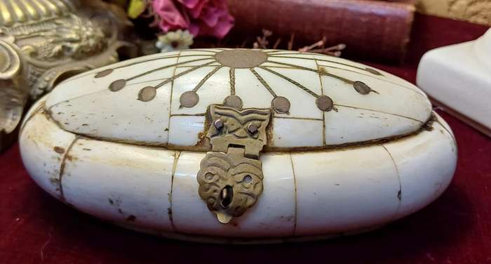 Vintage Hand-made  Ethnic Camel/Ox Bone and Brass Trinket Box/Lined in velvet