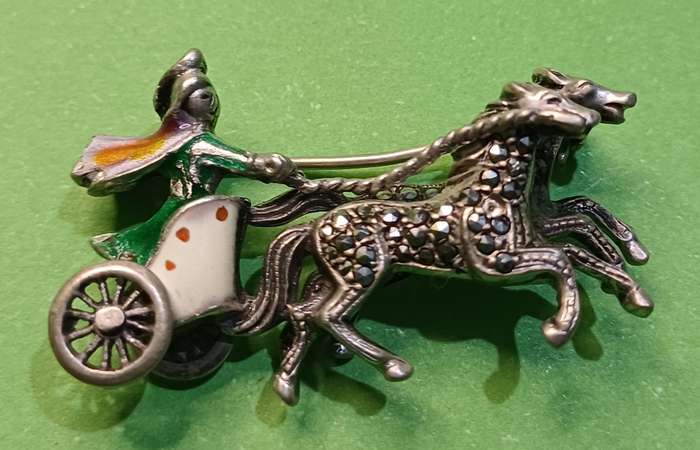 Sterling Enamel Marcasite Chariot Horse Brooch Articulated Roman Egyptian Reviva