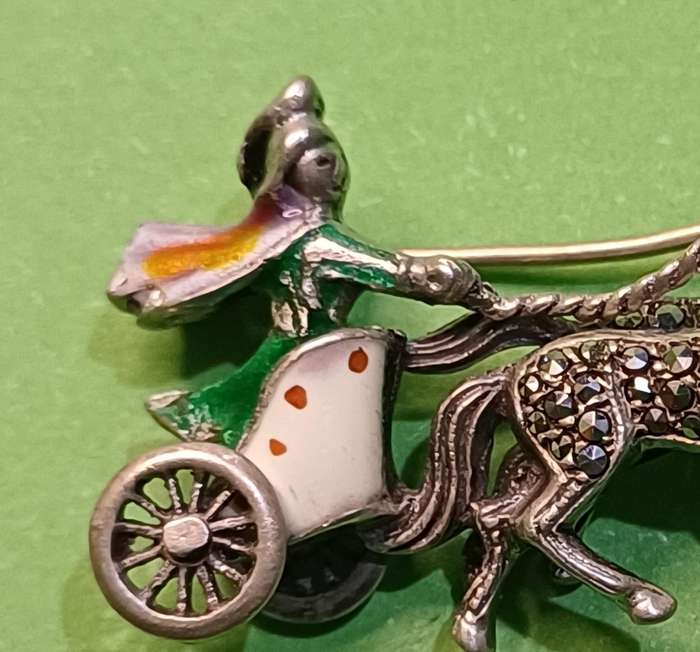 Sterling Enamel Marcasite Chariot Horse Brooch Articulated Roman Egyptian Reviva