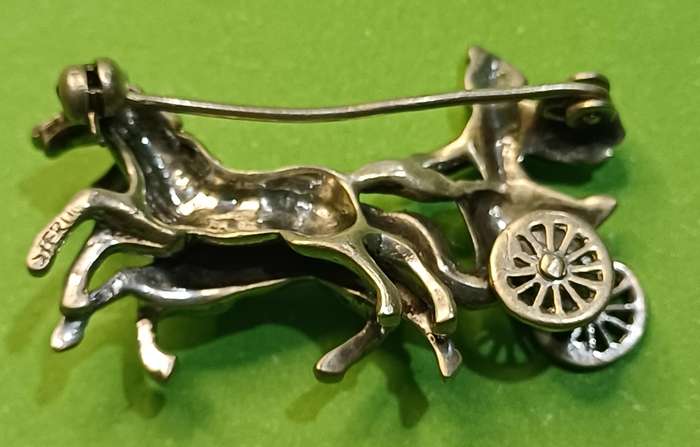 Sterling Enamel Marcasite Chariot Horse Brooch Articulated Roman Egyptian Reviva