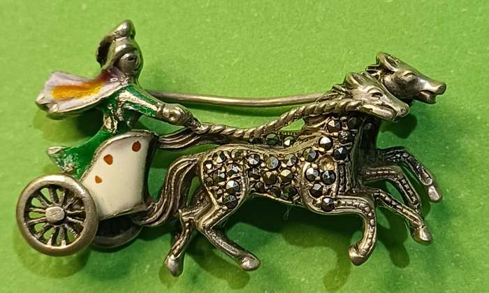 Sterling Enamel Marcasite Chariot Horse Brooch Articulated Roman Egyptian Reviva