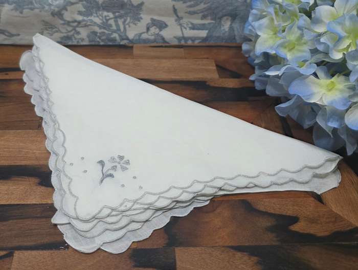 Set of 6 Vintage White Napkins with Embroidered Silver Flowers