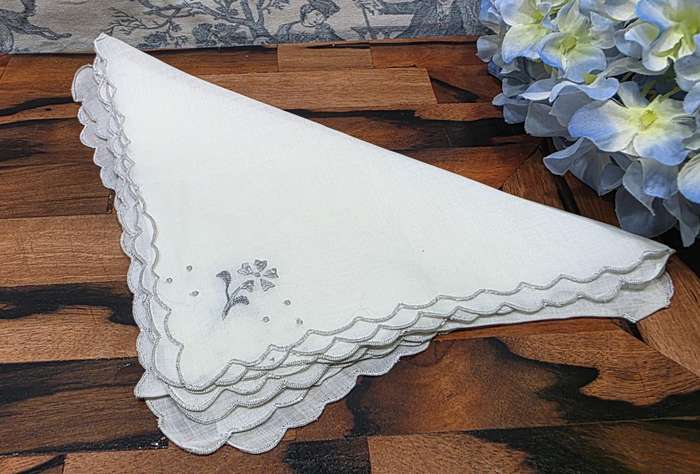 Set of 6 Vintage White Napkins with Embroidered Silver Flowers