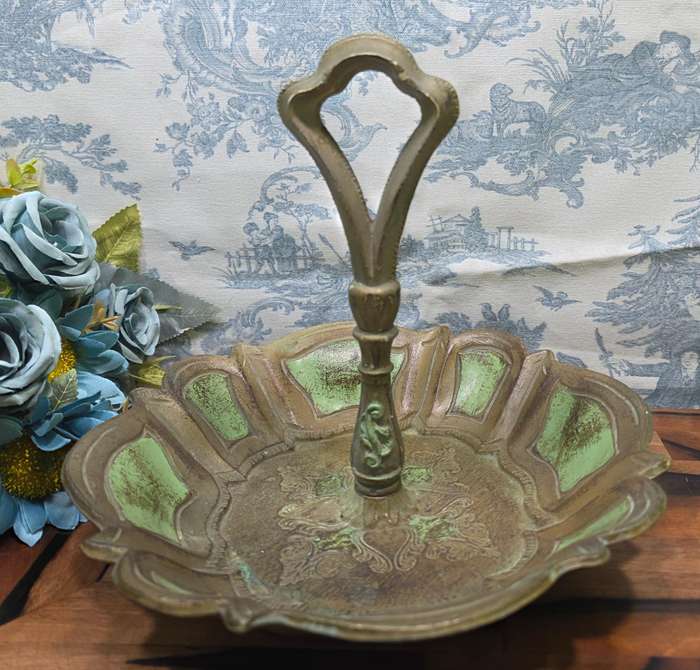 Vintage Florentine Green & Gold Decorative Bowl with Handle  Made in Italy