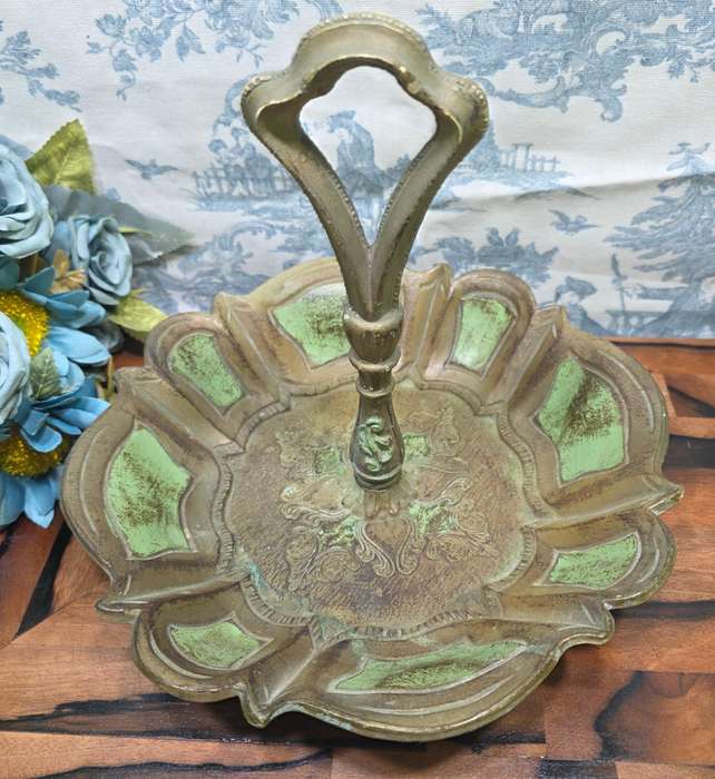 Vintage Florentine Green & Gold Decorative Bowl with Handle  Made in Italy