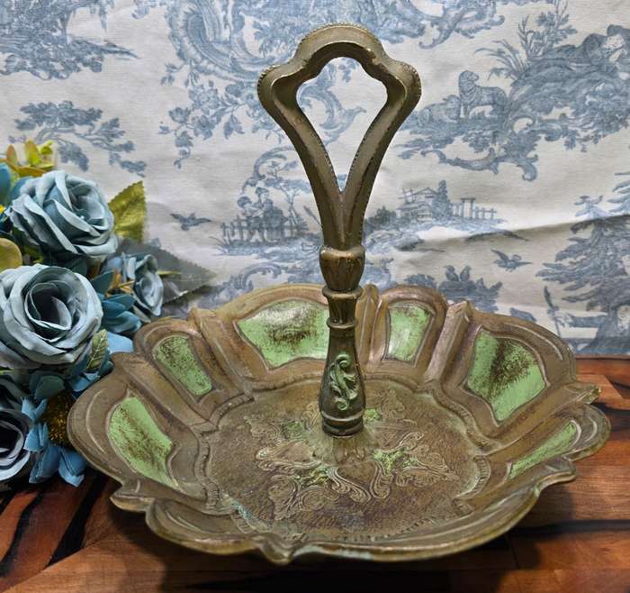 Vintage Florentine Green & Gold Decorative Bowl with Handle  Made in Italy