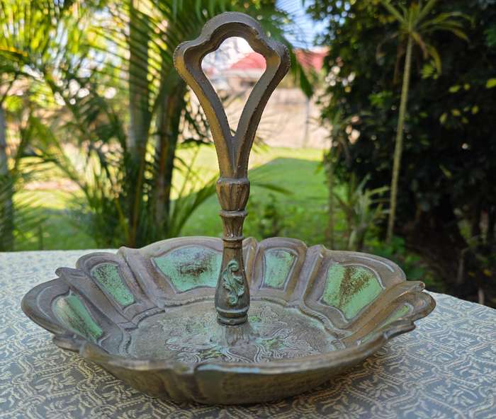 Vintage Florentine Green & Gold Decorative Bowl with Handle  Made in Italy